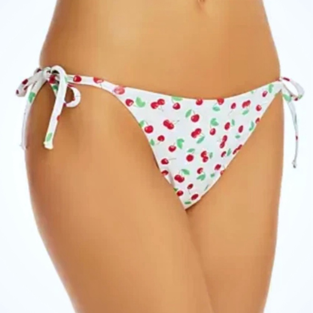 Aqua Cherry Print Swim Bikini Bottom White & Red Size Medium